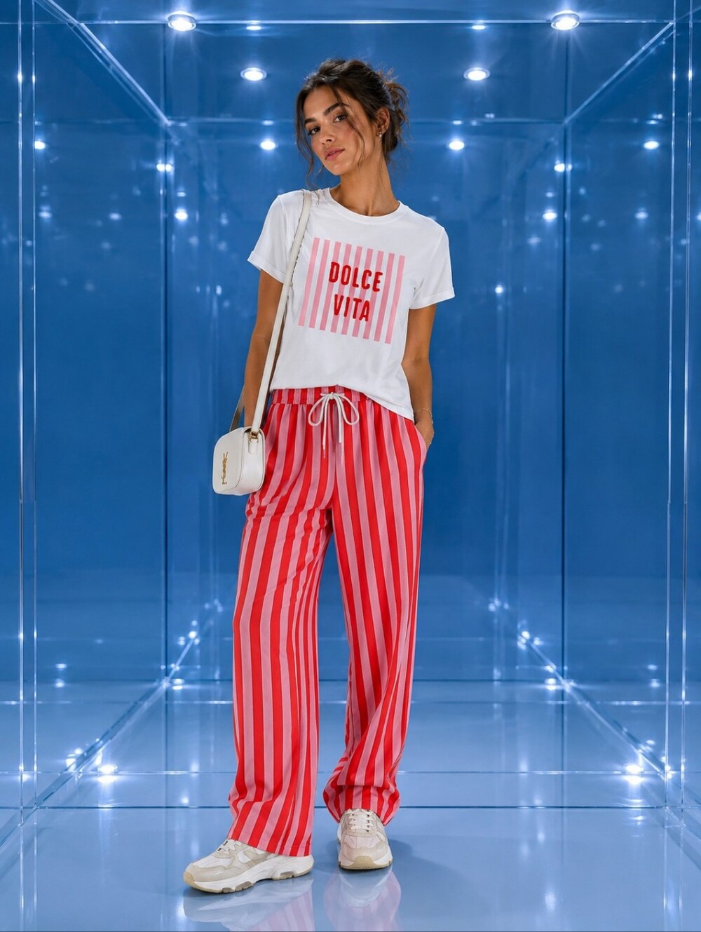 Dolce Vita Summer Set - White Top with Pink & Red Striped Pants